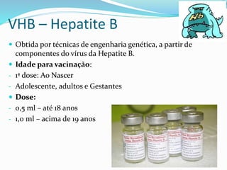 VHB – Hepatite B
 Obtida por técnicas de engenharia genética, a partir de
componentes do vírus da Hepatite B.
 Idade para vacinação:
- 1ª dose: Ao Nascer
- Adolescente, adultos e Gestantes
 Dose:
- 0,5 ml – até 18 anos
- 1,0 ml – acima de 19 anos
 
