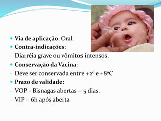  Via de aplicação: Oral.
 Contra-indicações:
- Diarréia grave ou vômitos intensos;
 Conservação da Vacina:
- Deve ser conservada entre +2º e +8ºC
 Prazo de validade:
- VOP - Bisnagas abertas – 5 dias.
- VIP – 6h após aberta
 