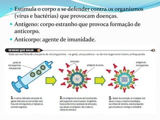  Estimula o corpo a se defender contra os organismos
(vírus e bactérias) que provocam doenças.
 Antígeno: corpo estranho que provoca formação de
anticorpo.
 Anticorpo: agente de imunidade.
 