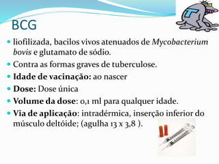 BCG
 liofilizada, bacilos vivos atenuados de Mycobacterium
bovis e glutamato de sódio.
 Contra as formas graves de tuberculose.
 Idade de vacinação: ao nascer
 Dose: Dose única
 Volume da dose: 0,1 ml para qualquer idade.
 Via de aplicação: intradérmica, inserção inferior do
músculo deltóide; (agulha 13 x 3,8 ).
 
