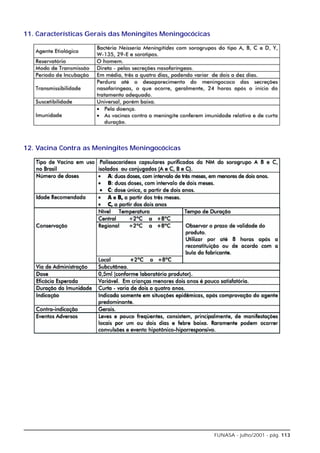 11. Características Gerais das Meningites Meningocócicas




12. Vacina Contra as Meningites Meningocócicas




                                                           FUNASA - julho/2001 - pág. 113
 