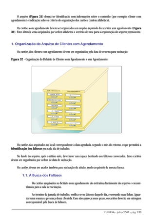 O arquivo (Figura 31) deverá ter identificação com informações sobre o conteúdo (por exemplo, cliente com
agendamento) e indicação sobre o critério de organização dos cartões (ordem alfabética).

     Os cartões com agendamento devem ser organizados em arquivo separado dos cartões sem agendamento (Figura
32). Estes últimos serão arquivados por ordem alfabética e servirão de base para a organização do arquivo permanente.


1. Organização do Arquivo de Clientes com Agendamento

     Os cartões dos clientes com agendamento devem ser organizados pela data de retorno para vacinação:

Figura 32 - Organização do Fichário de Clientes com Agendamento e sem Agendamento




     Os cartões são arquivados no local correspondente à data agendada, segundo o mês do retorno, o que permitirá a
identificação dos faltosos em cada dia de trabalho.

     No fundo do arquivo, após o último mês, deve haver um espaço destinado aos faltosos convocados. Esses cartões
devem ser organizados por ordem de data de vacinação.

     Os cartões devem ser usados também para vacinação do adulto, sendo arquivado da mesma forma.

          1.1. A Busca dos Faltosos

                 Os cartões arquivados no fichário com agendamento são retirados diariamente do arquivo e encami-
             nhados para a sala de vacinação.

                  Ao término da jornada de trabalho, verifica-se os faltosos daquele dia, reservando suas fichas. Aguar-
             dar uma semana a presença dessa clientela. Caso não apareça nesse prazo, os cartões deverão ser entregues
             ao responsável pela busca de faltosos.


                                                                                     FUNASA - julho/2001 - pág. 123
 