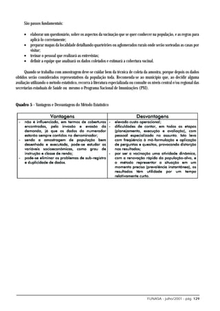 São passos fundamentais:

     • elaborar um questionário, sobre os aspectos da vacinação que se quer conhecer na população, e as regras para
       aplicá-lo corretamente;
     • preparar mapas da localidade detalhando quarteirões ou aglomerados rurais onde serão sorteadas as casas por
       visitar;
     • treinar o pessoal que realizará as entrevistas;
     • definir a equipe que analisará os dados coletados e estimará a cobertura vacinal.

      Quando se trabalha com amostragem deve-se cuidar bem da técnica de coleta da amostra, porque depois os dados
obtidos serão considerados representativos da população toda. Recomenda-se ao município que, ao decidir alguma
avaliação utilizando o método estatístico, recorra à literatura especializada ou consulte os níveis central e/ou regional das
secretarias estaduais de Saúde ou mesmo o Programa Nacional de Imunizações (PNI).


Quadro 5 - Vantagens e Desvantagens do Método Estatístico




                                                                                         FUNASA - julho/2001 - pág. 129
 