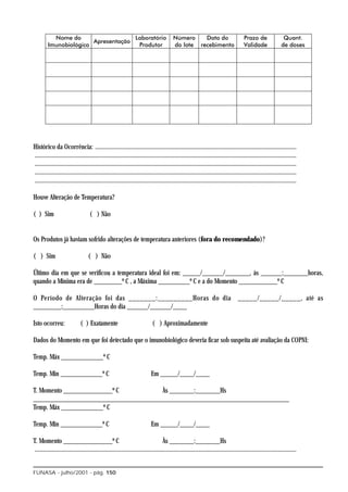 Histórico da Ocorrência: ..................................................................................................................................
.........................................................................................................................................................................
.........................................................................................................................................................................
.........................................................................................................................................................................
.........................................................................................................................................................................

Houve Alteração de Temperatura?

( ) Sim                             ( ) Não


Os Produtos já haviam sofrido alterações de temperatura anteriores (fora do recomendado)?

( ) Sim                            ( ) Não

Último dia em que se verificou a temperatura ideal foi em: _____/______/_______, às ______:_______horas,
quando a Mínima era de ________º C , a Máxima _________º C e a do Momento ___________º C

O Período de Alteração foi das _______:_________Horas do dia _____/_____/_____, até as
________:_________Horas do dia ______/______/____

Isto ocorreu:                 ( ) Exatamente                                ( ) Aproximadamente

Dados do Momento em que foi detectado que o imunobiológico deveria ficar sob suspeita até avaliação da COPNI:

Temp. Máx ____________º C

Temp. Min ____________º C                                                   Em _____/____/____

T. Momento ______________º C         Às _______:_______Hs
_________________________________________________________________________
Temp. Máx ____________º C

Temp. Min ____________º C                                                   Em _____/____/____

T. Momento ______________º C                                                       Às _______:_______Hs
 .........................................................................................................................................................................


FUNASA - julho/2001 - pág. 150
 