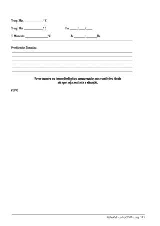 Temp. Máx ____________º C

Temp. Min ____________º C                                                   Em _____/____/____

T. Momento ______________º C                                                       Às _______:_______Hs
 .........................................................................................................................................................................

Providências Tomadas:
.........................................................................................................................................................................
.........................................................................................................................................................................
.........................................................................................................................................................................
.........................................................................................................................................................................
.........................................................................................................................................................................
.........................................................................................................................................................................

                                Favor manter os imunobiológicos armazenados nas condições ideais
                                                 até que seja avaliada a situação.

CGPNI




                                                                                                                                      FUNASA - julho/2001 - pág. 151
 
