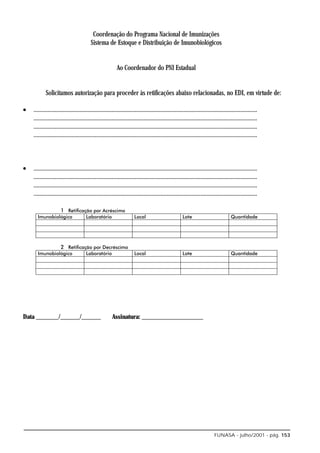 Coordenação do Programa Nacional de Imunizações
                                         Sistema de Estoque e Distribuição de Imunobiológicos


                                                          Ao Coordenador do PNI Estadual


           Solicitamos autorização para proceder às retificações abaixo relacionadas, no EDI, em virtude de:

•   ..................................................................................................................................................
    ..................................................................................................................................................
    ..................................................................................................................................................
    ..................................................................................................................................................



•   ..................................................................................................................................................
    ..................................................................................................................................................
    ..................................................................................................................................................
    ..................................................................................................................................................




Data _______/______/______                             Assinatura: ___________________




                                                                                                                         FUNASA - julho/2001 - pág. 153
 