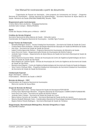 Este Manual foi reestruturado a partir do documento:

        “Capacitação de Pessoal em Vacinação - Uma proposta de treinamento em Serviço” - Programa
Nacional de Imunizações - Divisão Nacional de Epidemiologia - Secretaria Nacional de Ações Básicas de
Saúde- Ministério da Saúde (PNI/DNE/SNABS/MS), Brasília, 1989.

Responsáveis pela reestruturação
Cristina Maria Vieira da Rocha - Pedagoga/Sanitarista
Jocileide Sales Campos - Médica/Pediatra

Apoio
Fundo das Nações Unidas para a Infância - UNICEF

Créditos da Versão Original
Secretário Nacional de Ações Básicas de Saúde - Edmundo Juarez
Coordenador do Programa Nacional de Imunizações - Ivanildo Tajra Franzosi

Grupo Técnico de Elaboração
- Benedita Rodrigues Soares - Serviço Estadual de Imunizações - Secretaria de Estado de Saúde do Ceará.
- Cristina Maria Vieira da Rocha - Diretora da Divisão Nacional de Educação em Saúde do Ministério da Saúde.
- Inês Vian - Secretaria de Estado de Saúde do Paraná.
- Isabel Cristina Aparecida Stefano - Programa Nacional de Imunizações do Ministério da Saúde.
- Ivone Perez de Castro - Responsável pela Divisão de Imunizações do Distrito Federal.
- Jocileide Sales Campos - Departamento de Ações Básicas de Saúde da Secretaria Municipal de Saúde de
   Fortaleza/CE.
- Maria Filomena Gouveia Vilela - Divisão de Imunização do Centro de Vigilância Epidemiológica da Secre-
   taria de Estado de Saúde de São Paulo.
- Maria Regina de Capitani Ojeda - Divisão de Imunização do Centro de Vigilância da Secretaria de Estado
   de Saúde de São Paulo.
- Roseana Josué Raposo - Centro de Vigilância Epidemiológica da Secretaria de Estado de Saúde de Alagoas.
- Yone Francis Chehuan Melo - Programa Estadual de Imunizações da Secretaria Estadual de Imunizações
   da Secretaria de Estado de Saúde do Amazonas.

Colaboração Especial
Roger Shirimpton - UNICEF
Financiadores - Ministério da Saúde e UNICEF

Revisão do Manual – 1997
Coordenadora do Programa Nacional de Imunizações
- Maria de Lourdes de Sousa Maia

Grupo de Revisão do Manual
- Angela Aparecida Costa - Serviço Especial de Saúde de Araraquara/FSP/USP/SP
- Ernesto Isaac Montenegro Renoiner - Programa Nacional de Imunizações /CIAIM/CENEPI/FUNASA/MS
- Ivone Perez de Castro - Secretaria de Saúde do Distrito Federal
- Jocileide Sales Campos - Secretaria de Saúde do Estado do Ceará
- Maria Helena Carneiro de Carvalho - Secretaria Municipal de Saúde do Rio de Janeiro
- Moema Elizabeth Wotzasek Costa - Coordenadora Nacional de Pneumologia Sanitária/CENEPI/FUNASA/MS
- Regina Helena Peixoto Rodrigues - Secretaria Municipal de Saúde de Fortaleza

Diagramação, Normalização Bibliográfica, Revisão Ortográfica e Capa:
ASCOM/PRE/FUNASA




FUNASA - julho/2001 - pág. 154
 