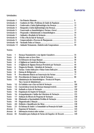 Sumário

Unidades

Unidade 1        - Um Primeiro Momento .................................................................................      9
Unidade 2        - Condições de Vida e Problemas de Saúde da População ..............................                         11
Unidade 3        - Conhecendo a Cadeia Epidemiológica das Doenças .....................................                       13
Unidade 4        - Rompendo a Cadeia Epidemiológica das Doenças........................................                       15
Unidade 5        - Conservando os Imunobiológicos (Vacinas e Soros) ....................................                      17
Unidade 6        - Preparando e Administrando os Imunobiológicos ........................................                     19
Unidade 7        - Avaliando o Resultado da Vacinação .............................................................           21
Unidade 8        - O Dia-a-Dia da Sala de Vacinação .................................................................         23
Unidade 9        - Compreendendo o Processo de Planejamento ..............................................                    25
Unidade 10       - Vacinando Todas as Crianças ........................................................................       27
Unidade 11       - Avaliando Treinamento...Estabelecendo Compromissos ...............................                         29

Textos

Texto    1     - Doenças Transmissíveis e seus Agentes Causadores .........................................                   33
Texto    2     - Relações entre os Seres Vivos ..........................................................................     36
Texto    3     - Os Defensores do Corpo Humano ...................................................................            39
Texto    4     - A Vigilância no Controle das Doenças..............................................................           41
Texto    5     - A Vigilância de Algumas Doenças Preveníveis por Vacinação ...........................                        44
Texto    6     - Triagem da Clientela - Calendário de Vacinação ..............................................                60
Texto    7     - Vacinas : Contra-Indicações e Falsas Contra-Indicações ..................................                    66
Texto    8     - Sistema de Refrigeração ..................................................................................   70
Texto    9     - Procedimentos Básicos na Conservação das Vacinas .......................................                     77
Texto    10    - Procedimentos de Limpeza na Sala de Vacinação ............................................                   89
Texto    11    - Administração dos Imunobiológicos : Técnicas de Preparo,
                 Vias e Locais de Administração........................................................................       92
Texto    12    - Os Cuidados com o Lixo em Sala de Vacinação ...............................................                  104
Texto    13    - Características Gerais das Doenças Imunopreveníveis .....................................                    107
Texto    14    - Avaliando as Ações de Vacinação .....................................................................        120
Texto    15    - Organização do Arquivo de Vacinação .............................................................            122
Texto    16    - Acompanhamento e Análise das Coberturas de Vacinação ...............................                         125
Texto    17    - Avaliação da Eficácia do Programa de Vacinação ............................................                  130
Texto    18    - Eliminando as Oportunidades Perdidas de Vacinação .....................................                      131
Texto    19    - Diagnosticando a Situação ...............................................................................    134
Texto    20    - Definição e Quantificação das Metas ...............................................................          138
Texto    21    - Os Sistemas de Saúde e a Comunidade na Promoção da Saúde .......................                             140
Anexo    I     - Esquemas de Vacinação ...................................................................................    143
Anexo    II    - Informações técnicas sobre vacinas ................................................................          147
Anexo    III   - Formulário para Avaliação de Vacina sob Suspeita e de Descarte ....................                          149




                                                                                                          FUNASA - julho/2001 - pág. 7
 