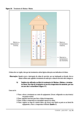 Figura 16 - Termômetro de Máxima e Mínima




    A leitura deve ser rápida, visto que tais termômetros sofrem ligeiras alterações nos indicadores de leitura.

     Observações: Quando ocorre a interrupção da coluna de mercúrio, por uso inadequado ou forçado, deve-se
                  afastar os filetes azuis, agitando o termômetro de modo que a coluna de mercúrio volte a integrar-se.

                   b)     Também são utilizados na falta de termômetro de Máxima e Mínima, o termôme
                          tro linear. Esse tipo de termômetro só nos dá a temperatura do momento, por isso
                          seu uso não é aconselhável (Figura 17).

    Como usá-lo:

                   1o Passo: colocar o termômetro no centro do equipamento (freezer, refrigerador ou caixa térmica)
                              em posição vertical;
                    o
                   2 Passo: aguardar meia hora para fazer a leitura da temperatura;
                   3o Passo: verificar a temperatura na extremidade superior da coluna;
                   4o Passo: registrar no mapa de controle diário, que deverá estar fixado na porta ou na lateral do
                              equipamento, a hora e a temperatura verificada (Quadro 1).


                                                                                        FUNASA - julho/2001 - pág. 85
 