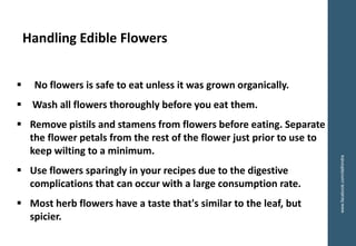 ▪ No flowers is safe to eat unless it was grown organically.
▪ Wash all flowers thoroughly before you eat them.
▪ Remove pistils and stamens from flowers before eating. Separate
the flower petals from the rest of the flower just prior to use to
keep wilting to a minimum.
▪ Use flowers sparingly in your recipes due to the digestive
complications that can occur with a large consumption rate.
▪ Most herb flowers have a taste that's similar to the leaf, but
spicier.
Handling Edible Flowers
www.facebook.com/delhindra
 