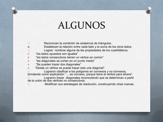 ALGUNOS
 Reconocen la condición de existencia de triángulos.
o Establecen la relación entre cada lado y la suma de los otros lados.
 Logran nombrar alguna de las propiedades de los cuadriláteros
O “los lados opuestos son iguales”
O “los lados consecutivos tienen un vértice en común”
O “las diagonales se cortan en un punto medio”
O “Se pueden trazar dos diagonales”
O “Desde un vértice se puede trazar solo una diagonal”.
 Lograron clasificar a los polígonos en convexos y no convexos,
brindando como explicación “… es convexo, porque tiene el vértice para afuera”.
 Lograron trazar diagonales reconociendo que se determinan a partir
de la unión de dos vértices no consecutivos.
 Modifican sus estrategias de resolución, construyendo otras nuevas.
 