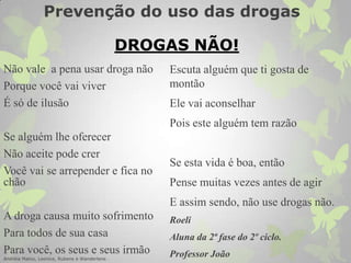 DROGAS NÃO!
Não vale a pena usar droga não
Porque você vai viver
É só de ilusão
Se alguém lhe oferecer
Não aceite pode crer
Você vai se arrepender e fica no
chão
A droga causa muito sofrimento
Para todos de sua casa
Para você, os seus e seus irmão
Andréia Matos, Leonice, Rubens e Wanderlene .
Escuta alguém que ti gosta de
montão
Ele vai aconselhar
Pois este alguém tem razão
Se esta vida é boa, então
Pense muitas vezes antes de agir
E assim sendo, não use drogas não.
Roeli
Aluna da 2ª fase do 2º ciclo.
Professor João
Prevenção do uso das drogas
 