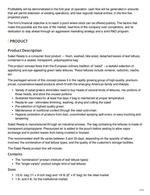 Salad Packaging Business Sample Plan