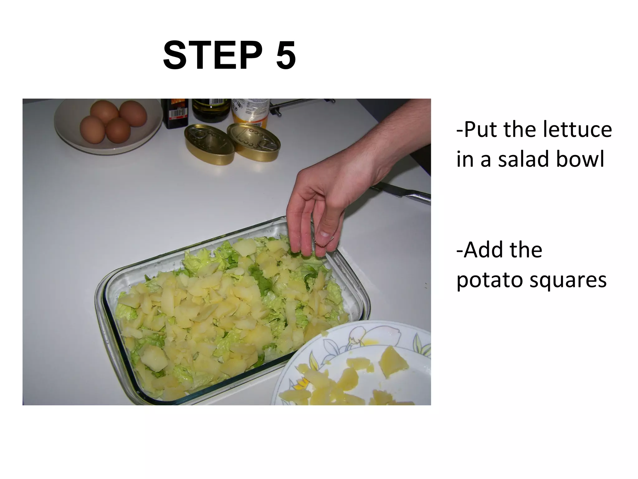 STEP 5
         -Put the lettuce
         in a salad bowl


         -Add the
         potato squares
 
