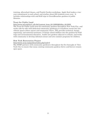 training, afterschool classes, and Family Garden workshops. Apple Seed makes a twoyear commitment to each school, and reaches about 650 students every year. It
includes relationships with and field trips to GreenBranches gardens at public
libraries.
Trus t fo r Pu blic L an d
http://www.tpl.org/tier3_cdl.cfm?content_item_id=18995&folder_id=2928
The Trust for Public Land owns 64 community gardens throughout New York City, and
works side-by-side with dedicated community gardeners to transform vacant lots into
vibrant spaces where nature and community thrive. TPL provides technical, design,
organizing, and material assistance. It brings school children into the gardens for field
trips and environmental education, builds new gardens adjacent to schools, and works
with community to develop informal science and arts summer programs for children.
New Yor k R es t ora ti o n P ro j ect
http://www.nyrp.org/gardens/index.php?sub=0
The NYRP partners with community gardeners throughout the five boroughs of New
York City to ensure that many existing community gardens thrive and forever remain
open space.

11

 