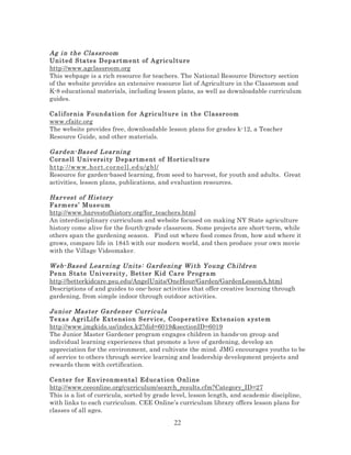 Ag i n the Classr oom
Uni ted S ta tes D ep art m e nt of Agric ul tur e
http://www.agclassroom.org
This webpage is a rich resource for teachers. The National Resource Directory section
of the website provides an extensive resource list of Agriculture in the Classroom and
K-8 educational materials, including lesson plans, as well as downloadable curriculum
guides.
Cal if or nia F o un da ti on f or A gric ultur e i n the Classr oom
www.cfaitc.org
The website provides free, downloadable lesson plans for grades k-12, a Teacher
Resource Guide, and other materials.

Gard en- Bas ed L ear ni ng
Cor nell Un iv ersi ty D ep ar tm ent of Hor tic ul ture
http ://w ww . ho rt .c or ne ll .ed u /g bl/
Resource for garden-based learning, from seed to harvest, for youth and adults. Great
activities, lesson plans, publications, and evaluation resources.
Har v est of Histor y
Farm ers ’ M us e um
http://www.harvestofhistory.org/for_teachers.html
An interdisciplinary curriculum and website focused on making NY State agriculture
history come alive for the fourth-grade classroom. Some projects are short-term, while
others span the gardening season. Find out where food comes from, how and where it
grows, compare life in 1845 with our modern world, and then produce your own movie
with the Village Videomaker.
W eb- Bas ed L ear ni ng Uni ts : Gard eni ng Wi th Young Childr en
Penn S ta te Uni ve rsi ty , B et t er Kid Car e Progra m
http://betterkidcare.psu.edu/AngelUnits/OneHour/Garden/GardenLessonA.html
Descriptions of and guides to one-hour activities that offer creative learning through
gardening, from simple indoor through outdoor activities.
Juni or Mas ter Gard ener Curr ic ula
Texas A gri Lif e E xt e nsi o n S erv ice, Coop erati v e Ex tensi on s ystem
http://www.jmgkids.us/index.k2?did=6019&sectionID=6019
The Junior Master Gardener program engages children in hands-on group and
individual learning experiences that promote a love of gardening, develop an
appreciation for the environment, and cultivate the mind. JMG encourages youths to be
of service to others through service learning and leadership development projects and
rewards them with certification.
Center fo r E nv iro n m en ta l Ed uc ation O nl ine
http://www.ceeonline.org/curriculum/search_results.cfm?Category_ID=27
This is a list of curricula, sorted by grade level, lesson length, and academic discipline,
with links to each curriculum. CEE Online’s curriculum library offers lesson plans for
classes of all ages.

22

 
