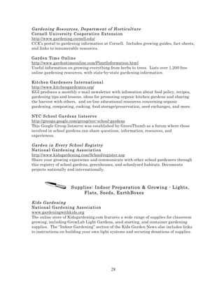 Gard eni ng Res ourc es , Depar tm ent of Hortic ul tur e
Cor nell Un iv ersi ty C oo per at iv e Extensi on
http://www.gardening.cornell.edu/
CCE’s portal to gardening information at Cornell. Includes growing guides, fact sheets,
and links to innumerable resources.
Gard en Tim e O nl in e
http://www.gardentimeonline.com/PlantInformation.html
Useful information on growing everything from herbs to trees. Lists over 1,200 free
online gardening resources, with state-by-state gardening information.
Kitchen Gar de n ers I n te rn at iona l
http://www.kitchengardeners.org/
KGI produces a monthly e-mail newsletter with infomation about food policy, recipes,
gardening tips and lessons, ideas for promoting organic kitchen gardens and sharing
the harvest with others, and on-line educational resources concerning organic
gardening, composting, cooking, food storage/preservation, seed exchanges, and more.
NYC S ch o ol Ga rd ens li sts er ve
http://groups.google.com/group/nyc-school-gardens
This Google Group listserve was established by GreenThumb as a forum where those
involved in school gardens can share questions, information, resources, and
experiences.

Gard en i n Ev er y Sc hool Regis tr y
Na ti ona l Gard e ni ng Ass ocia ti on
http://www.kidsgardening.com/School/register.asp
Share your growing experience and communicate with other school gardeners through
this registry of school gardens, greenhouses, and schoolyard habitats. Documents
projects nationally and internationally.

Supplies: Indoor Preparation & Growing - Lights,
Flats, Seeds, EarthBoxes
Kids Gar deni ng
Na ti ona l Gard e ni ng Ass ocia ti on
www.gardeningwithkids.org
The online store of Kidsgardening.com features a wide range of supplies for classroom
growing, including GrowLab Light Gardens, seed starting, and container gardening
supplies. The “Indoor Gardening” section of the Kids Garden News also includes links
to instructions on building your own light systems and securing donations of supplies.

28

 