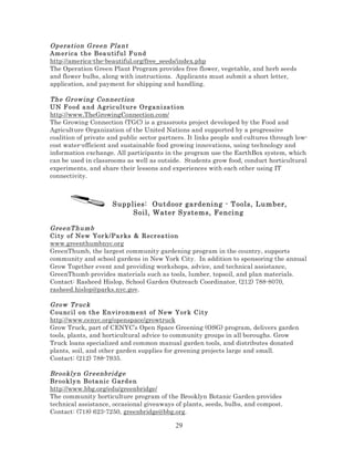 Operation G reen Pla nt
Am er ica t h e B ea u tif ul F u nd
http://america-the-beautiful.org/free_seeds/index.php
The Operation Green Plant Program provides free flower, vegetable, and herb seeds
and flower bulbs, along with instructions. Applicants must submit a short letter,
application, and payment for shipping and handling.
The Gr ow ing Connection
UN F ood a nd A gric ul t ur e Org ani za ti on
http://www.TheGrowingConnection.com/
The Growing Connection (TGC) is a grassroots project developed by the Food and
Agriculture Organization of the United Nations and supported by a progressive
coalition of private and public sector partners. It links people and cultures through lowcost water-efficient and sustainable food growing innovations, using technology and
information exchange. All participants in the program use the EarthBox system, which
can be used in classrooms as well as outside. Students grow food, conduct horticultural
experiments, and share their lessons and experiences with each other using IT
connectivity.

Supplies: Outdoor gardening - Tools, Lumber,
Soil, Water Systems, Fencing
GreenT humb
Ci ty of Ne w Yor k/Pa r ks & R ecr ea ti on
www.greenthumbnyc.org
GreenThumb, the largest community gardening program in the country, supports
community and school gardens in New York City. In addition to sponsoring the annual
Grow Together event and providing workshops, advice, and technical assistance,
GreenThumb provides materials such as tools, lumber, topsoil, and plan materials.
Contact: Rasheed Hislop, School Garden Outreach Coordinator, (212) 788-8070,
rasheed.hislop@parks.nyc.gov.
Grow Tr uc k
Counc il o n t h e E n vir o nm e nt of New Yor k City
http://www.cenyc.org/openspace/growtruck
Grow Truck, part of CENYC’s Open Space Greening (OSG) program, delivers garden
tools, plants, and horticultural advice to community groups in all boroughs. Grow
Truck loans specialized and common manual garden tools, and distributes donated
plants, soil, and other garden supplies for greening projects large and small.
Contact: (212) 788-7935.
Br ookly n Gr eenbrid g e
Br ookly n Bo ta ni c Gard e n
http://www.bbg.org/edu/greenbridge/
The community horticulture program of the Brooklyn Botanic Garden provides
technical assistance, occasional giveaways of plants, seeds, bulbs, and compost.
Contact: (718) 623-7250, greenbridge@bbg.org.

29

 
