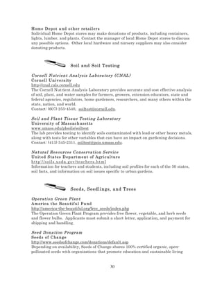 Hom e D ep ot a nd o t h er re ta il ers
Individual Home Depot stores may make donations of products, including containers,
lights, lumber, and plants. Contact the manager of local Home Depot stores to discuss
any possible options. Other local hardware and nursery suppliers may also consider
donating products.

Soil and Soil Testing
Cor nell Nutr ient Ana lysis L ab ora tory ( CNAL )
Cor nell Un iv ersi ty
http://cnal.cals.cornell.edu
The Cornell Nutrient Analysis Laboratory provides accurate and cost effective analysis
of soil, plant, and water samples for farmers, growers, extension educators, state and
federal agencies, regulators, home gardeners, researchers, and many others within the
state, nation, and world.
Contact: (607) 255-4540, soiltest@cornell.edu.
Soil a nd Pla nt Tiss ue Tes ti ng L ab ora tor y
Uni versi ty of Mass ac h use t ts
www.umass.edu/plsoils/soiltest
The lab provides testing to identify soils contaminated with lead or other heavy metals,
along with tests for other variables that can have an impact on gardening decisions.
Contact: (413) 545-2311, soiltest@psis.umass.edu.
Na tura l Res ourc es Conserva ti on Serv ic e
Uni ted S ta tes D ep art m e nt of Agric ul tur e
http ://s oils . usda .g ov / te ac her s.html
Information for teachers and students, including soil profiles for each of the 50 states,
soil facts, and information on soil issues specific to urban gardens.

Seeds, Seedlings, and Trees
Operation G reen Pla nt
Am er ica t h e B ea u tif ul F u nd
http://america-the-beautiful.org/free_seeds/index.php
The Operation Green Plant Program provides free flower, vegetable, and herb seeds
and flower bulbs. Applicants must submit a short letter, application, and payment for
shipping and handling.
Seed D ona ti on Pr ogra m
Seeds of C ha n ge
http://www.seedsofchange.com/donations/default.asp
Depending on availability, Seeds of Change shares 100% certified organic, openpollinated seeds with organizations that promote education and sustainable living

30

 