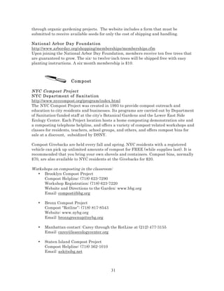 through organic gardening projects. The website includes a form that must be
submitted to receive available seeds for only the cost of shipping and handling.
Na ti ona l Arb or D ay F o u nda ti on
http://www.arborday.org/shopping/memberships/memberships.cfm
Upon joining the National Arbor Day Foundation, members receive ten free trees that
are guaranteed to grow. The six- to twelve-inch trees will be shipped free with easy
planting instructions. A six-month membership is $10.

Compost
NYC Comp os t Proj ect
NYC D epa rt m en t of Sa ni ta ti on
http://www.nyccompost.org/program/index.html
The NYC Compost Project was created in 1993 to provide compost outreach and
education to city residents and businesses. Its programs are carried out by Department
of Sanitation-funded staff at the city’s Botanical Gardens and the Lower East Side
Ecology Center. Each Project location hosts a home composting demonstration site and
a composting telephone helpline, and offers a variety of compost-related workshops and
classes for residents, teachers, school groups, and others, and offers compost bins for
sale at a discount, subsidized by DSNY.
Compost Givebacks are held every fall and spring. NYC residents with a registered
vehicle can pick up unlimited amounts of compost for FREE (while supplies last). It is
recommended that you bring your own shovels and containers. Compost bins, normally
$70, are also available to NYC residents at the Givebacks for $20.

Workshops on composting in the classroom:
• Brooklyn Compost Project
Compost Helpline: (718) 623-7290
Workshop Registration: (718) 623-7220
Website and Directions to the Garden: www.bbg.org
Email: compost@bbg.org
•

Bronx Compost Project
Compost “Rotline”: (718) 817-8543
Website: www.nybg.org
Email: bronxgreenup@nybg.org

•

Manhattan contact: Carey through the RotLine at (212) 477-3155
Email: carey@lesecologycenter.org

•

Staten Island Compost Project
Compost Helpline: (718) 362-1010
Email: ask@sibg.net

31

 
