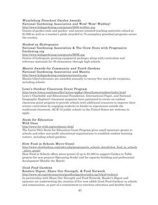 W uzzleburg Pr esc hool Gard en Award s
Na ti ona l Gard e ni ng Ass ocia ti on and W ow! W ow ! W ub bzy!
http://www.kidsgardening.com/grants/2008-wubbzy.asp
Grants of garden tools and garden- and nature-oriented teaching materials valued at
$1,000 as well as a teacher’s guide awarded to 75 exemplary preschool programs across
the country.
Hooked on Hy dr oponi cs
Na ti ona l Gard e ni ng Ass ocia ti on & T he G row Stor e wi th Pr ogr essi ve
Gard eni ng .o rg
http://www.kidsgardening.com/grants/HOH.asp
Grants of hydroponic growing equipment packages along with curriculum and
reference materials for 36 elementary through high schools.
Ma ntis Awa rds f or Com m unity and Youth Gard ens
Na ti ona l Gard e ni ng Ass ocia ti on and Ma ntis
http://www.kidsgardening.com/grants/mantis.asp
Mantis tiller/cultivators are awarded annually to twenty-five non-profit recipients,
including schools.
Lowe’s Ou td o or C lassr o om Gr a nt Pr og ra m
http://www.lowes.com/lowes/lkn?action=pg&p=AboutLowes/outdoor/index.html
Lowe’s Charitable and Educational Foundation, International Paper, and National
Geographic Explorer! classroom magazine have partnered to create an outdoor
classroom grant program to provide schools with additional resources to improve their
science curriculum by engaging students in hands-on experiences outside the
traditional classroom. All K-12 public schools in the United States are welcome to
apply.

Seeds f or Education
Wild O n es
http://www.for-wild.org/seedmony.html
The Lorrie Otto Seeds for Education Grant Program gives small monetary grants to
schools and other non-profit educational organizations to establish outdoor learning
centers, including school gardens.
Sl ow F o od in Sc ho ols Mic ro- Gra nt
http://www.slowfoodusa.org/index.php/programs/in_schools_detail/slow_food_in_schools
_micro_grant/
Slow Food in Schools offers micro-grants of up to $1,000 to support Garden to Table
projects for new projects (Sprouting Seeds) and for capacity-building and professional
development (Double the Batch).

Good F ood Gard ens
Read ers Di g est , S har e O ur S tr eng th, & Food Networ k
http://www.rd.com/rdconnection/goodfoodgarden/index.jsp?trkid=redirect
In partnership with Share Our Strength and Food Network, Reader's Digest and
sponsors are underwriting the creation of five new edible Good Food Gardens in schools
and communities, as part of a commitment to nutrition education and healthy food.

43

 