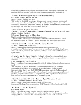 subjects taught through gardening, and relationship to educational standards, and
evidence of effectiveness of gardening program through a number of measures.

Researc h & Policy Supp orting Gar den- Based L ear ni ng
Cal if or nia S ch o ol Ga rde n Netw or k
http://www.csgn.org/page.php?id=9
This section of the CSGN website provides access to research articles, reports, and
related documents that provide the research base for considering garden-based
learning within various educational settings. It features resources to assist in assessing
the outcomes and impacts of gardening with children.
Sc hool G ard en Progra m Ov er vi ew
A Healthy Nutri ti on Envir onm ent: Li nki ng Ed uca ti on, Ac tivi ty, a nd F ood
through Sc hool G ard ens
Cal if or nia D epa rt me n t of Ed uca ti on
http://www.cde.ca.gov/LS/nu/he/gardenoverview.asp
A downloadable summary of the research-based evidence that California’s school
gardens have impact on children’s health, nutrition, and academic achievement.
Sc hool G ard ens Meas ur e Up: W ha t Res ea rch T ells Us
Na ti ona l Gard e ni ng Ass ocia ti on
http://www.kidsgardening.com/dig/digdetail.taf?action=print&id=952
A compilation of the findings of research on a variety of measures, including literacy
skills, self-esteem, environmental attitudes, nutrition, social skills and behaviors, and
special needs.
Revis iting gard en bas ed l ear ni ng i n bas i c educa ti on: Philosophical roots,
historical foundations, best practices and products, impacts, outcomes, and future
directions
Am er ica n Hor ti cu lt ur al S oci ety
http://www.ahs.org/youth_gardening/pdf/040909_Revisiting_%20garden_basic_educatio
n.pdf
This summary by Daniel Desmond of a study commissioned by the Food and
Agriculture Organization of the United Nations' Extension, Education and
Communication Service and the UNESCO/International Institute for Educational
Planning (IIEP) describes garden-based learning, relevant literature, principles, best
practices, impacts, and outcomes. A complete copy of the report can be downloaded
from ftp://ftp.fao.org/sd/SDR/SDRE/GBL paper for SD.doc.
Sc hool G ard ens Pl us Nutri ti on L essons Eq ua l Sci enc e Li teracy
Na ti ona l Sci e nc e Te ac he rs Ass oci ation
http://www.nsta.org/publications/news/story.aspx?id=53348
Summary of findings from recent studies. NSTA Reports--Debra Shapiro, 2/5/2007.
Heal thy G ard ens Heal thy P eopl e
Coll ec tiv e Ro o ts
http://www.collectiveroots.org/initiatives/healthygardenshealthypeople
Collective Roots works with youth and adults to design and sustain organic gardens
and project-based education that is integrated into the core needs of schools,

6

 