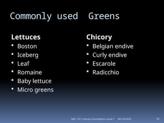06/14/2025
BAC 101 Culinary Foundation Level 1 18
Commonly used Greens
Lettuces
 Boston
 Iceberg
 Leaf
 Romaine
 Baby lettuce
 Micro greens
Chicory
 Belgian endive
 Curly endive
 Escarole
 Radicchio
 