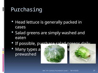 06/14/2025
BAC 101 Culinary Foundation Level 1 20
Purchasing
 Head lettuce is generally packed in
cases
 Salad greens are simply washed and
eaten
 If possible, purchase salad greens daily
 Many types are available precut and
prewashed
 