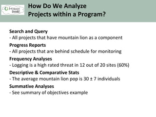 How Do We Analyze
Projects within a Program?
Search and Query
- All projects that have mountain lion as a component
Progress Reports
- All projects that are behind schedule for monitoring
Frequency Analyses
- Logging is a high rated threat in 12 out of 20 sites (60%)
Descriptive & Comparative Stats
- The average mountain lion pop is 30 ± 7 individuals
Summative Analyses
- See summary of objectives example
 