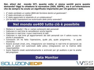 GDPR HelpSystems LLC All rights reserved.
Noi, attori del mondo ICT, quante volte ci siamo sentiti porre questa
domanda? Oggi lo chiedono le normative (SOX, GDPR), ma è un’informazione
che da sempre ha avuto un significato importante per chi gestisce i dati.
• E’ stato cambiato un codice IBAN del fornitore dentro al gestionale?
• E’ stato eliminato un cliente?
• E’ stato aggiornato lo stipendio di un collaboratore?
• Chi ha fatto l’operazione era autorizzato dalle policy aziendali?
Nel mondo os400 tutto ciò è possibile
• Mettere in ‘ascolto’ i file e i campi contenenti dati personali
• Catturare in real time le cancellazioni anche logiche
• Catturare in real time i nuovi inserimenti di dati
• Catturare in real time gli aggiornamenti dei dati personali con il valore nuovo ma
anche il precedente
• Conoscere chi ha fatto l’operazione, quale job, quale programma, in quale
momento
• Essere avvisati (mail, sms, integrazione con ticketing) in real time di operazioni da
parte di utenti non autorizzati dalle policy (integrazione con la matrice delle
responsabilità)
• Avere Reports creati automaticamente e archiviati per gli auditors e per le analisi
del pregresso
Data Monitor
 