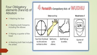 Four Obligatory
elements (Fara’id) of
Ablution
 1-Washing the face
 2-Washing both forearms
including the elbows
 3-Wiping a quarter of the
head
 4-Washing both feet including
the ankles
 