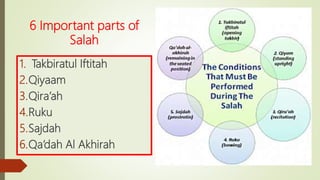 6 Important parts of
Salah
1. Takbiratul Iftitah
2.Qiyaam
3.Qira’ah
4.Ruku
5.Sajdah
6.Qa’dah Al Akhirah
 