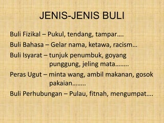 JENIS-JENIS BULI
Buli Fizikal – Pukul, tendang, tampar….
Buli Bahasa – Gelar nama, ketawa, racism…
Buli Isyarat – tunjuk penumbuk, goyang
punggung, jeling mata……..
Peras Ugut – minta wang, ambil makanan, gosok
pakaian……..
Buli Perhubungan – Pulau, fitnah, mengumpat….

 