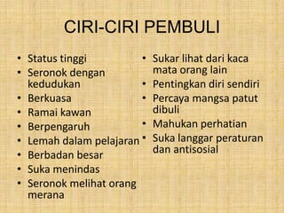 CIRI-CIRI PEMBULI
• Status tinggi
•
• Seronok dengan
kedudukan
•
• Berkuasa
•
• Ramai kawan
•
• Berpengaruh
• Lemah dalam pelajaran •
• Berbadan besar
• Suka menindas
• Seronok melihat orang
merana

Sukar lihat dari kaca
mata orang lain
Pentingkan diri sendiri
Percaya mangsa patut
dibuli
Mahukan perhatian
Suka langgar peraturan
dan antisosial

 