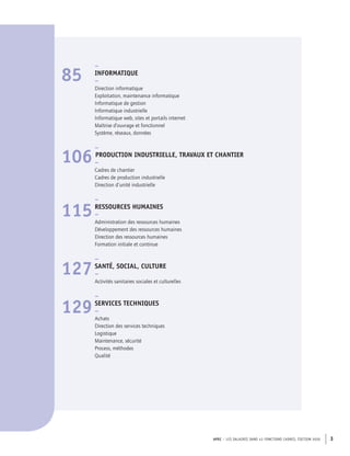 APEC – LES SALAIRES DANS 43 FONCTIONS CADRES, ÉDITION 2020 3
–
85 INFORMATIQUE
–
Direction informatique
Exploitation, maintenance informatique
Informatique de gestion
Informatique industrielle
Informatique web, sites et portails internet
Maîtrise d’ouvrage et fonctionnel
Système, réseaux, données
–
106 PRODUCTION INDUSTRIELLE, TRAVAUX ET CHANTIER
–
Cadres de chantier
Cadres de production industrielle
Direction d’unité industrielle
–
115RESSOURCES HUMAINES
–
Administration des ressources humaines
Développement des ressources humaines
Direction des ressources humaines
Formation initiale et continue
–
127SANTÉ, SOCIAL, CULTURE
–
Activités sanitaires sociales et culturelles
–
129SERVICES TECHNIQUES
–
Achats
Direction des services techniques
Logistique
Maintenance, sécurité
Process, méthodes
Qualité
 