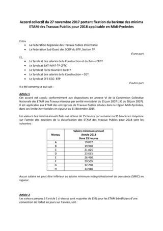 Accord collectif du 27 novembre 2017 portant fixation du barème des minima
ETAM des Travaux Publics pour 2018 applicable e...