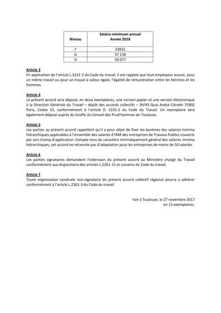Niveau
Salaire minimum annuel
Année 2018
F 33931
G 37 134
H 39 077
Article 3
En application de l’article L.3221-2 du Code ...