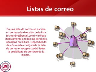 En una lista de correo se escribe un correo a la dirección de la lista (ej:nombre@gmail.com) y le llega masivamente a todas las personas inscriptas en la lista. Dependiendo de cómo esté configurada la lista de correo el receptor podrá tener  la posibilidad de borrarse de la misma.  Listas de correo 