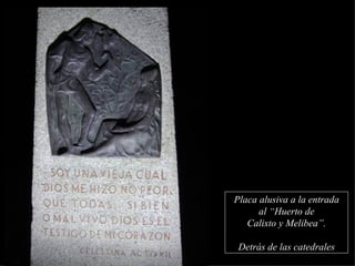 Placa alusiva a la entrada al “Huerto de Calixto y Melibea”. Detrás de las catedrales 