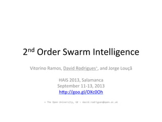2nd	
  Order	
  Swarm	
  Intelligence	
  
Vitorino	
  Ramos,	
  David	
  Rodrigues+,	
  and	
  Jorge	
  Louçã	
  
	
  
HAIS	
  2013,	
  Salamanca	
  
September	
  11-­‐13,	
  2013	
  
hHp://goo.gl/OXc0Oh	
  
	
  
+	
  The	
  Open	
  University,	
  UK	
  –	
  david.rodrigues@open.ac.uk	
  
 