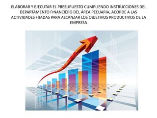ELABORAR Y EJECUTAR EL PRESUPUESTO CUMPLIENDO INSTRUCCIONES DEL
DEPARTAMENTO FINANCIERO DEL ÁREA PECUARIA, ACORDE A LAS
ACTIVIDADES FIJADAS PARA ALCANZAR LOS OBJETIVOS PRODUCTIVOS DE LA
EMPRESA
 