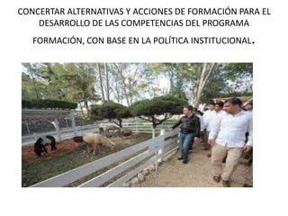 CONCERTAR ALTERNATIVAS Y ACCIONES DE FORMACIÓN PARA EL
DESARROLLO DE LAS COMPETENCIAS DEL PROGRAMA
FORMACIÓN, CON BASE EN LA POLÍTICA INSTITUCIONAL.
 