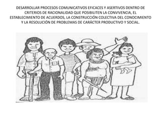 DESARROLLAR PROCESOS COMUNICATIVOS EFICACES Y ASERTIVOS DENTRO DE
CRITERIOS DE RACIONALIDAD QUE POSIBILITEN LA CONVIVENCIA, EL
ESTABLECIMIENTO DE ACUERDOS, LA CONSTRUCCIÓN COLECTIVA DEL CONOCIMIENTO
Y LA RESOLUCIÓN DE PROBLEMAS DE CARÁCTER PRODUCTIVO Y SOCIAL.
 