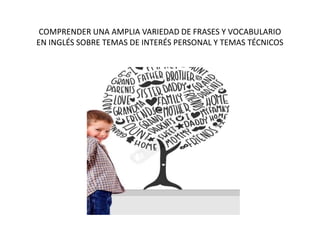 COMPRENDER UNA AMPLIA VARIEDAD DE FRASES Y VOCABULARIO
EN INGLÉS SOBRE TEMAS DE INTERÉS PERSONAL Y TEMAS TÉCNICOS
 