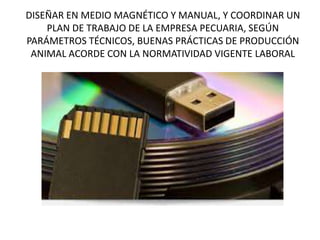 DISEÑAR EN MEDIO MAGNÉTICO Y MANUAL, Y COORDINAR UN
PLAN DE TRABAJO DE LA EMPRESA PECUARIA, SEGÚN
PARÁMETROS TÉCNICOS, BUENAS PRÁCTICAS DE PRODUCCIÓN
ANIMAL ACORDE CON LA NORMATIVIDAD VIGENTE LABORAL
 