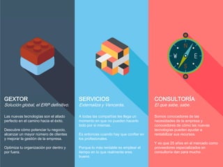 GEXTOR
Solución global, el ERP definitivo.
Las nuevas tecnologías son el aliado
perfecto en el camino hacia el éxito.
Descubre cómo potenciar tu negocio,
alcanzar un mayor número de clientes
y mejorar la gestión de la empresa.
Optimiza tu organización por dentro y
por fuera.
SERVICIOS
Externaliza y Vencerás.
A todas las compañías les llega un
momento en que no pueden hacerlo
todo por si mismas.
Es entonces cuando hay que confiar en
los profesionales.
Porque lo más rentable es emplear el
tiempo en lo que realmente eres
bueno.
CONSULTORÍA
El que sabe, sabe.
Somos conocedores de las
necesidades de la empresa y
conocedores de cómo las nuevas
tecnologías pueden ayudar a
rentabilizar sus recursos.
Y es que 25 años en el mercado como
proveedores especializados en
consultoría dan para mucho.
 
