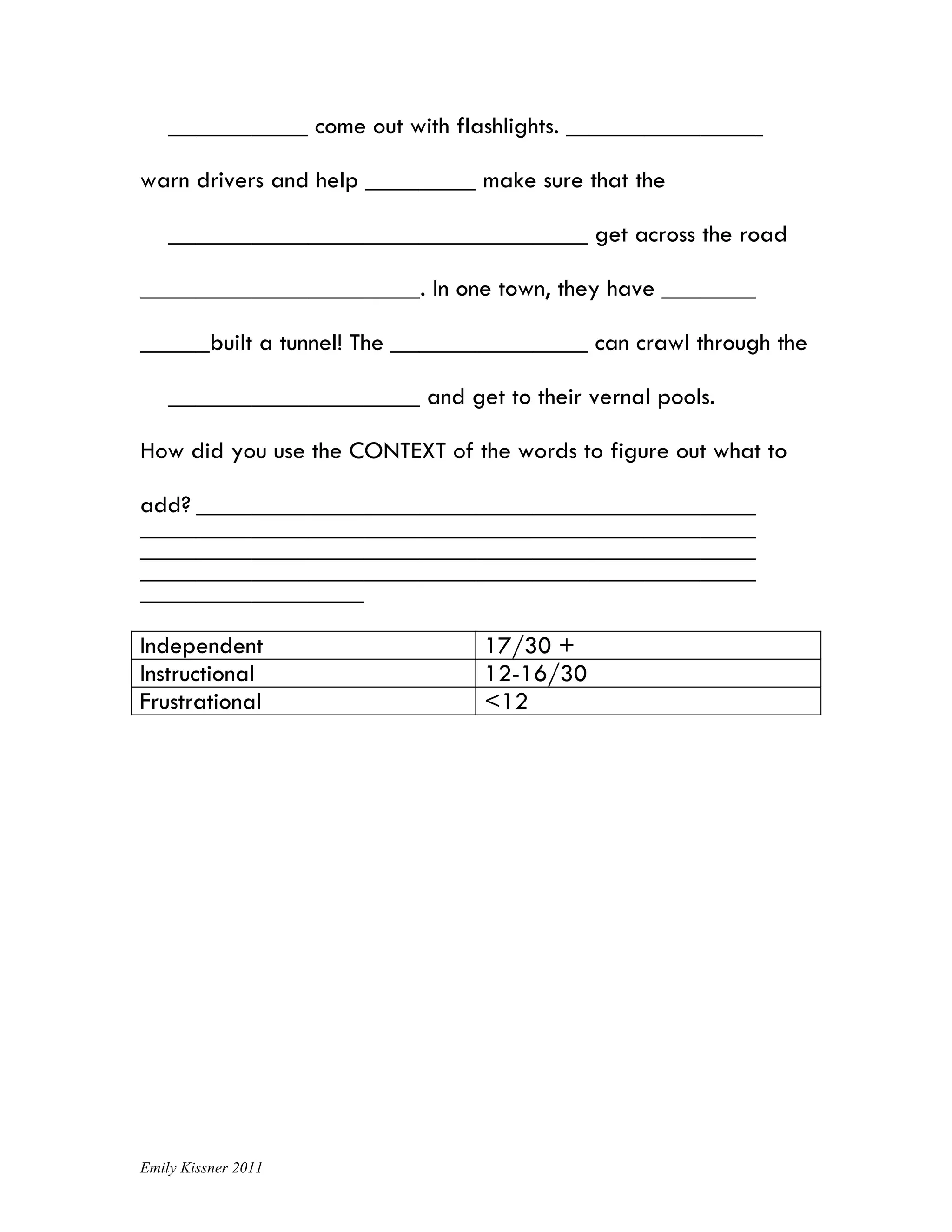 come out with flashlights.

warn drivers and help                 make sure that the

                                                  get across the road

                                . In one town, they have

          built a tunnel! The                     can crawl through the

                                and get to their vernal pools.

How did you use the CONTEXT of the words to figure out what to

add?




Independent                            17/30 +
Instructional                          12-16/30
Frustrational                          <12




Emily Kissner 2011
 