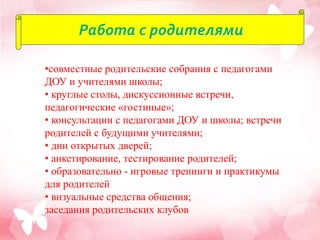 Работа с родителями
•совместные родительские собрания с педагогами
ДОУ и учителями школы;
• круглые столы, дискуссионные встречи,
педагогические «гостиные»;
• консультации с педагогами ДОУ и школы; встречи
родителей с будущими учителями;
• дни открытых дверей;
• анкетирование, тестирование родителей;
• образовательно - игровые тренинги и практикумы
для родителей
• визуальные средства общения;
заседания родительских клубов
 