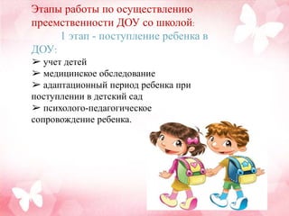 Этапы работы по осуществлению
преемственности ДОУ со школой:
1 этап - поступление ребенка в
ДОУ:
➢ учет детей
➢ медицинское обследование
➢ адаптационный период ребенка при
поступлении в детский сад
➢ психолого-педагогическое
сопровождение ребенка.
 