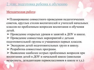 2 этап: подготовка ребенка к обучению.
Методическая работа:
➢Планирование совместного проведения педагогических
советов, круглых столов воспитателей и учителей начальных
классов по проблемным вопросам воспитания и обучения
детей.
➢ Проведение открытых уроков и занятий в ДОУ и школе.
➢ Проведение совместных мероприятий с детьми
подготовительной группы и учащимися первых классов.
➢ Экскурсии детей подготовительных групп в школу.
➢ Разработка совместных программ.
➢ Выявление наиболее острых проблемных вопросов при
воспитании детей в ДОУ и начальной школе (школьная
незрелость, дезадаптация первоклассников в школе и т.д.)
 